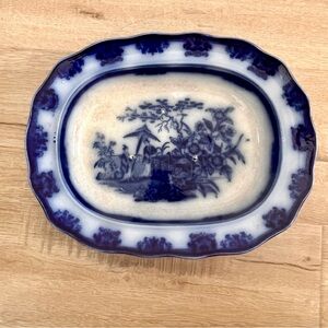 ANTIQUE 1846s PRIMITIVE AMOY DAVENPORT LG. AMERICAN FLOW‎ BLUE PLATTER BOWL 12”